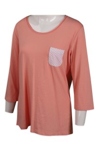 T923 訂購女裝T恤 鬆身 大圓領 圓點左胸袋 印花 T恤製造商    粉色   oversize t shirt 女